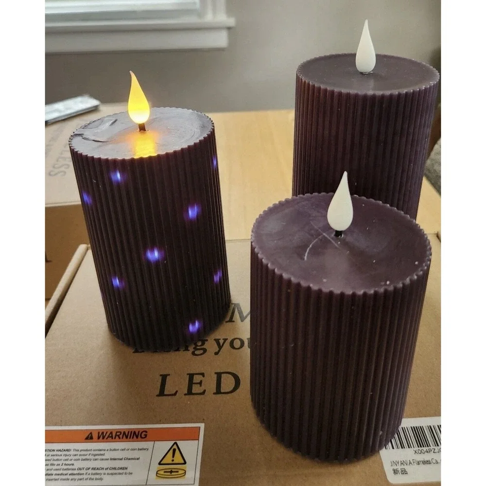 2 Sets Of 3 Flameless Pillar Wax Candle Purple With Remote